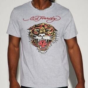 Ed Hardy NEW W/ Tags Light Gray Rhinestone Retro Y2K Tiger T-shirt Men's Size M